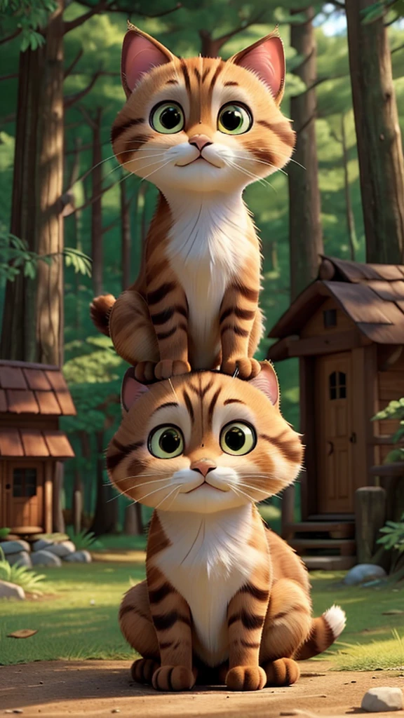 These scenes are depicted in a highly realistic style.、Make sure the cat's facial expressions and movements are exaggerated like a human's。
The main character is a brown cat with cute chubby eyes. The main character is one who never changes. Mimi, the brown cat, gazes out at the large forest that spreads out beyond the village.。Her eyes sparkle、Appearance of having a strong desire。A mysterious light shines into the entrance to the forest.、Attract Mimi's heart。