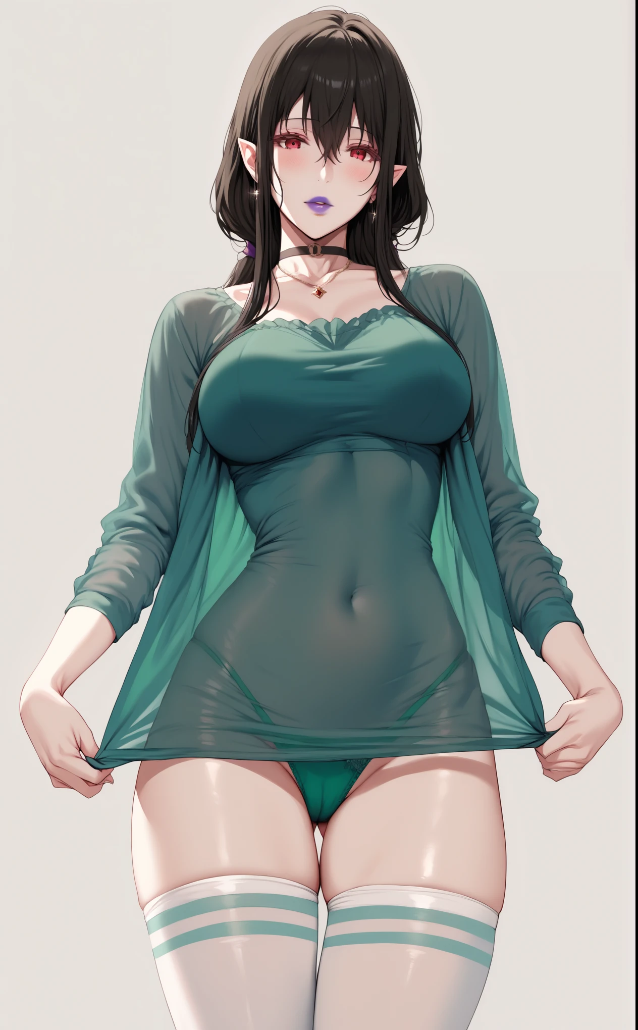 (hews art style:0.7), (asura art style:0.7), score_9, score_8_up, score_7_up, score_6_up, score_5_up, score_4_up, uncensored, black hair, red eyes, purple lipstick, hair between eyes, long hair, short pointy ears, pale skin, BREAK (masterpiece:1.2), best quality, high resolution, (detailed eyes:1.3), perfect lighting, (perfect hands, perfect anatomy), large breasts, 1girl, solo, thighhighs, breasts, panties, underwear, jewelry, green panties, looking at viewer, white thighhighs, see-through, earrings, blush, choker, parted lips, shirt, thigh gap, collarbone, green shirt, simple background, necklace, large breasts, artist name, cowboy shot, ass visible through thighs, long sleeves, thighs, standing, white background, mole under eye, covered navel