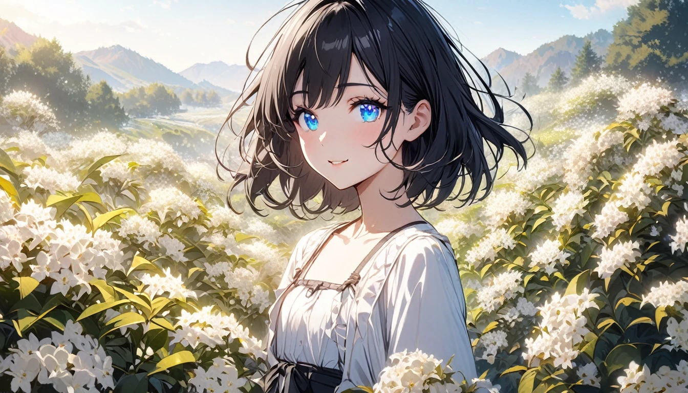 ne Beautiful girl, solo, gentle smile on her face flat chest, short hair, black hair, blue eyes, (detailed eyes),Sunny day landscape images, Only landscapes with white flowers, Flower Field, unmanned, There are no animals, Lively, As if blown by the wind々Various kinds of flowers, , Soft lighting, Light background, ndividuality, Beautiful colors, Japanese lilac trees