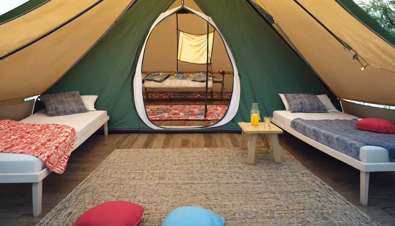 Inside the camping tent,Highest quality, 8k, High resolution, masterpiece:1.2, Very detailed, Realistic:1.37, High resolution, 超High resolution, Very detailed, Professional, Vibrant colors