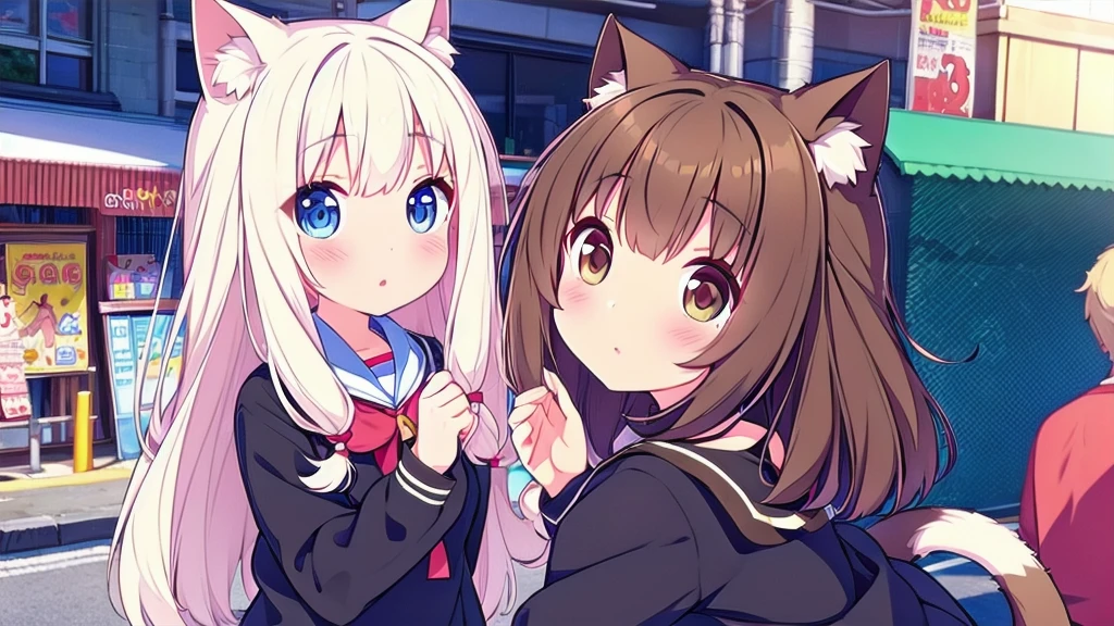 cat girl bear girl cute excellent quality on Akihabara street in brown hair brown eyes white hair blue eyes