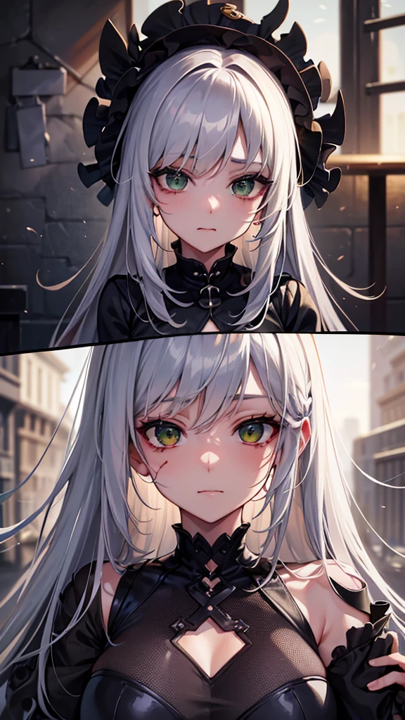 (Top resolution、Distinct_image)top-quality、A fox girl 、​masterpiece、highly detailed, half body, Semi-realistic、green eyes 、18year old, silver hairs ,young 、Exquisite facial features、Facial features ,variation potrait, long  hairstyles,  , teenage, cool , cold sharp eyes, An expression of despair., Torn clothes, destroyed clothes, damaged clothing, all dirty, dirty, dirt, lifeless eyes, blood on face, , {Very detailed 8k CG unit wallpaper},  fantasy, 
