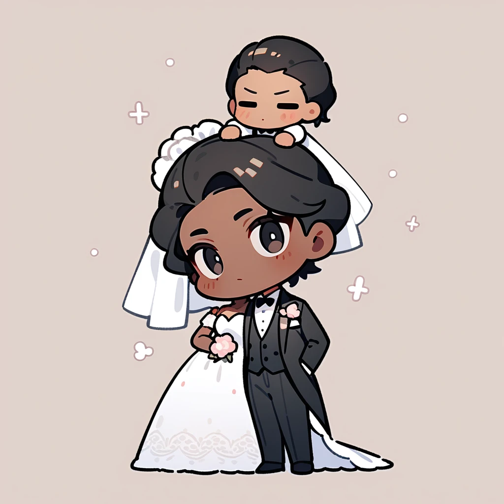 chibi style，Lovely，masterpiece, best quality, 8k, Couple（One man and one woman），man（Brown skin，Indian）Suit，woman（Black Hair，Fair）Wedding dress，Clean background