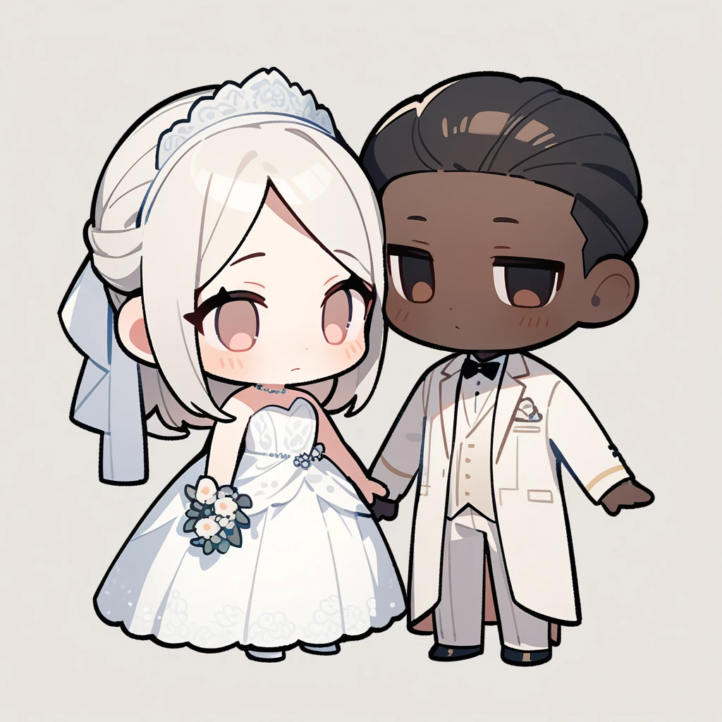chibi style,Lovely,masterpiece, best quality, 8k, Couple(One man and one woman),man(Brown skin,Indian)Suit,woman(Black Hair,Fair)Wedding dress,Clean background