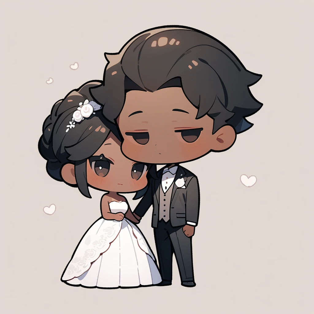 chibi style，Lovely，masterpiece, best quality, 8k, Couple（One man and one woman），man（Brown skin，Indian）Suit，woman（Black Hair，Fair）Wedding dress，Clean background