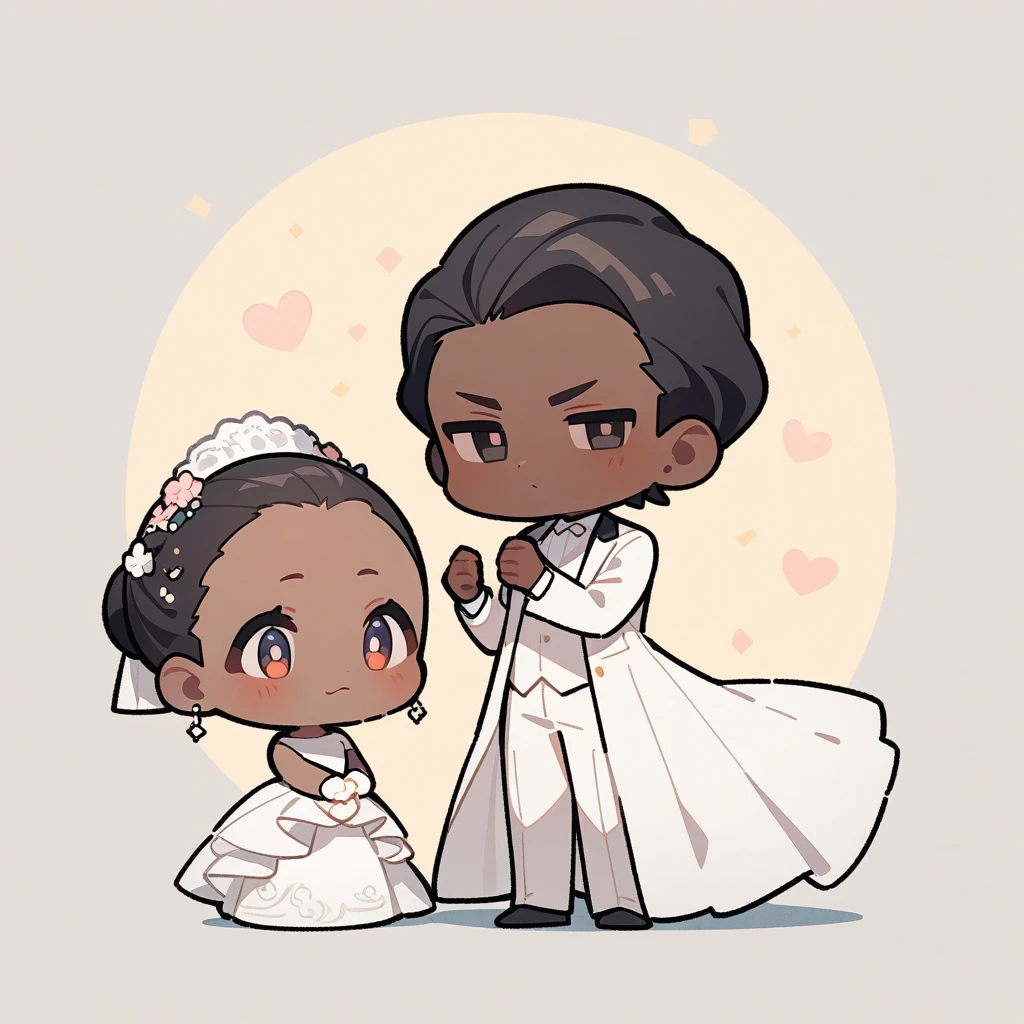 chibi style，Lovely，masterpiece, best quality, 8k, Couple（One man and one woman），man（Brown skin，Indian）Suit，woman（Black Hair，Fair）Wedding dress，Clean background