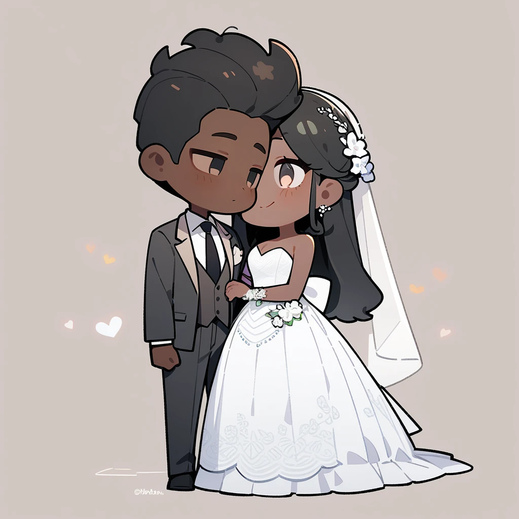 chibi style，Lovely，masterpiece, best quality, 8k, Couple（One man and one woman），man（Brown skin，Indian）Suit，woman（Black Hair，Fair）Wedding dress，Clean background