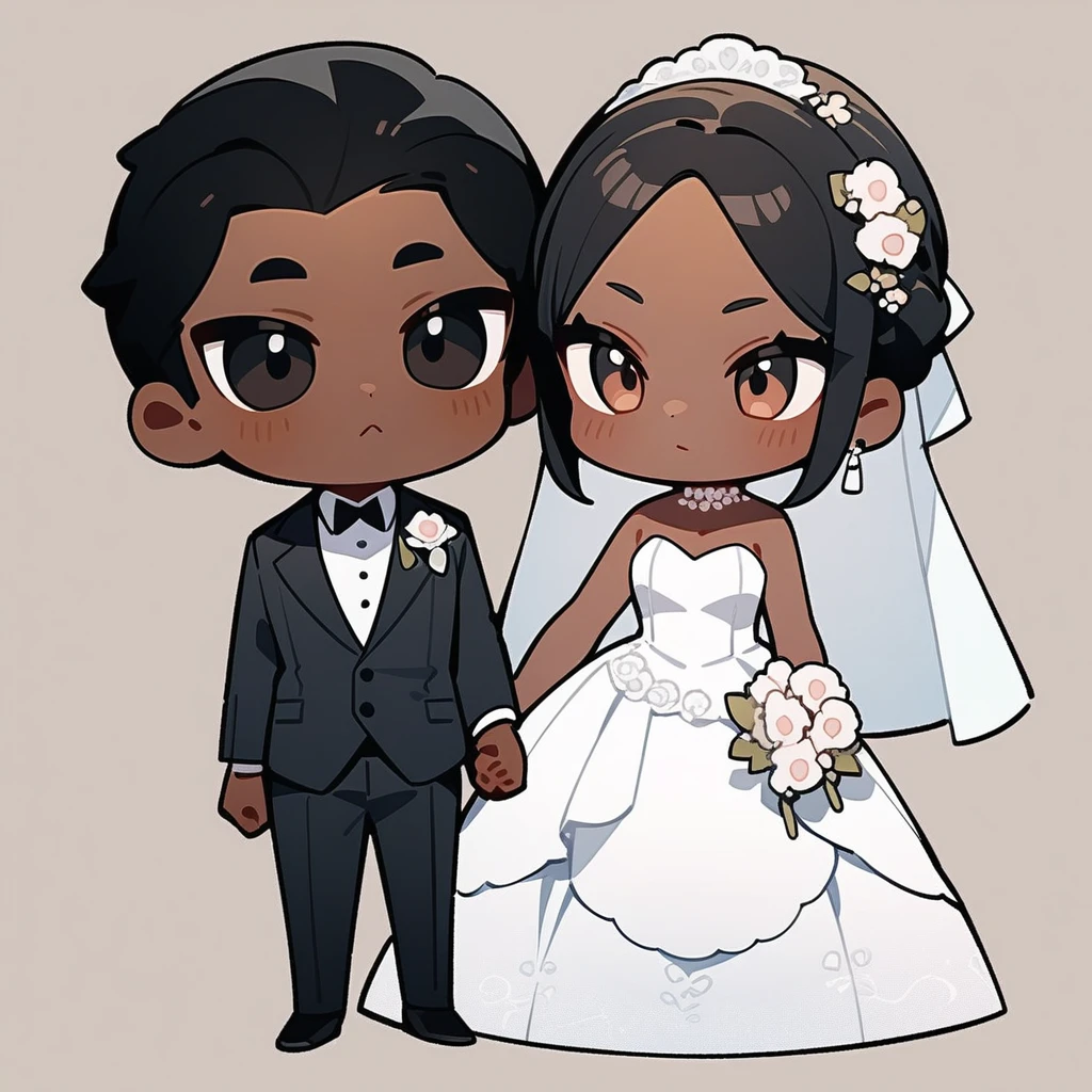 chibi style，Lovely，masterpiece, best quality, 8k, Couple（One man and one woman），man（Brown skin，Indian）Suit，woman（Black Hair，Fair）Wedding dress，Clean background