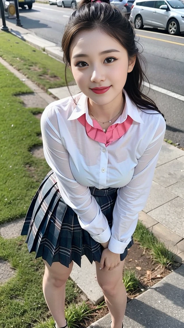  Wearing a white shirt， girl, （tight top：1.5），close your mouth and smile，legs long，((Short 暗红plaid pleated skirt:1.3))，White skin of the，high high quality，4K, Face-to-face audience, 1 plump girl，hair tying up，at the street side，（Bring your legs together：1.5），with a round face， 32 inches in the chest, (sexy pose),(standing pose) ,(full body shot)、Chest 32 inches, ,Stand on the grass and take pictures