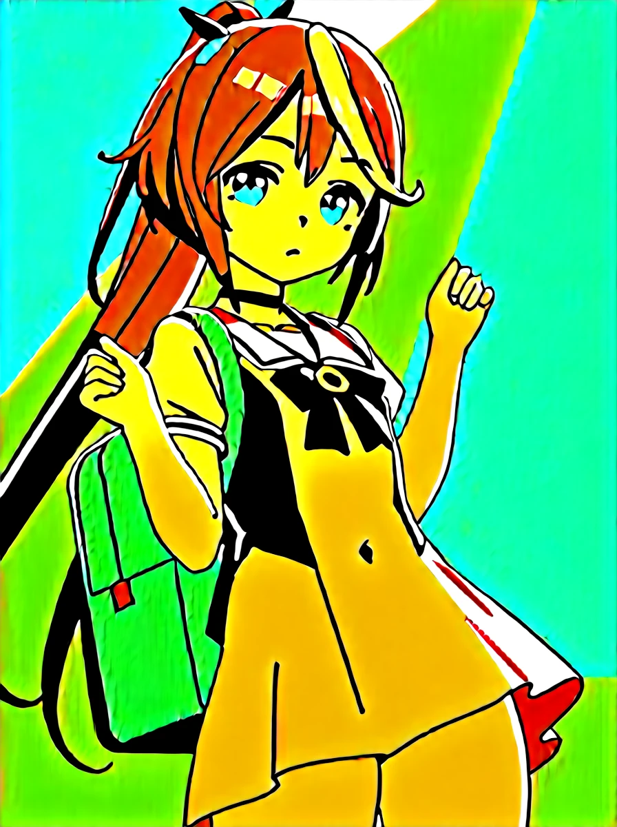 , 1 girl, solo, backpack, long hair, stockings, swimsuit, white one-piece swimsuit, see-through, one-piece swimsuit, blush, covered navel, bag, school bag, strap, looking at the viewer, very long hair, black choker, choker,, white background