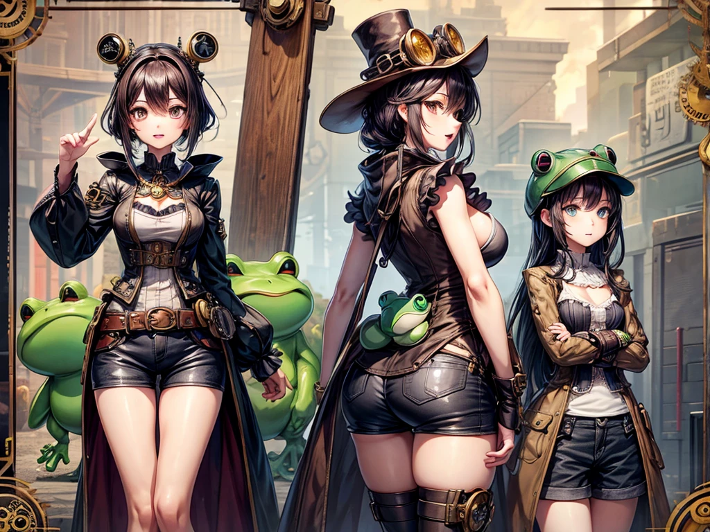 Frog-like face、Distant eyes、Big Mouth、Low Nose、steampunk、Three-dimensional view、Front, side and back view、Standing woman、Shorts、Small breasts