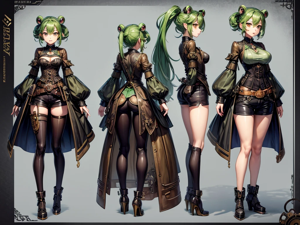 Frog-like face、Distant eyes、Big Mouth、Low Nose、steampunk、Three-dimensional view、Front, side and back view、Standing woman、Shorts、Small breasts