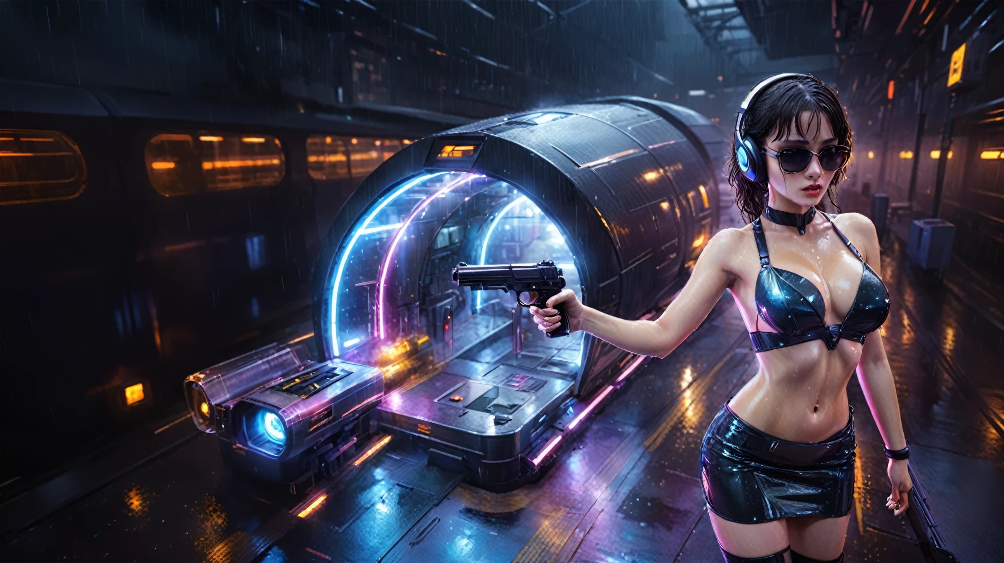 (((aerial view))), Blade Runner style futuristic railway platform, hi-tech train, neon lights, rainy night. (1girl, solo, alone), large-:1.2 slim body, cleavasexy wind blow wet dress:1.4, headphone, (black sunglasses), (((she raised a pistol:1.8 and shot:1.8 the viewer))), dynamic pose, (((half-body thigh level medium shot))), cinematic lighting, lens flare, ray tracing, blurred:1.4 background.