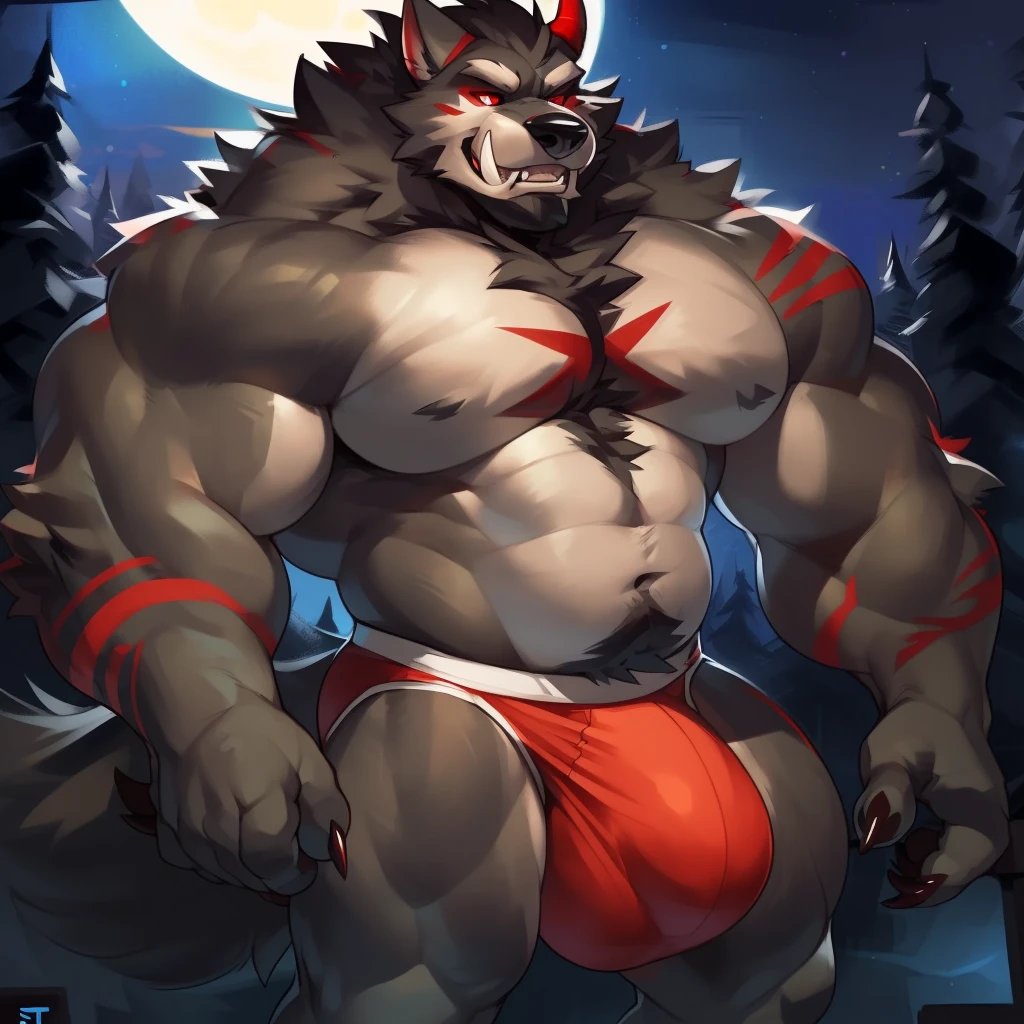 Solo, male (((giant, tall, wolf, werewolf, red eyes, grey body, Muscular, broad shoulders, hyper pecs, huge pecs, huge muscles, abs, muscular arms, muscular thighs, sharp teeth, black chest hair, black nose, tail, fangs, exposed teeth, clawed hands, clawed feet, big tusks, horns, big horns, body marking, red markings, black claws, scruffy cheeks, huge bulge))) forest, night, standing ((male focus, focus wolf, focus teeth)) rubbing stomach, detailed hands, detailed eyes, detailed face, detailed teeth, detailed tusks, detailed arms, detailed abs, detailed bulge, detailed snout, briefs, black briefs, big briefs, accurate tusk placement, perfect anatomy, by darkgem, by mystikfox61, by glitter trap boy