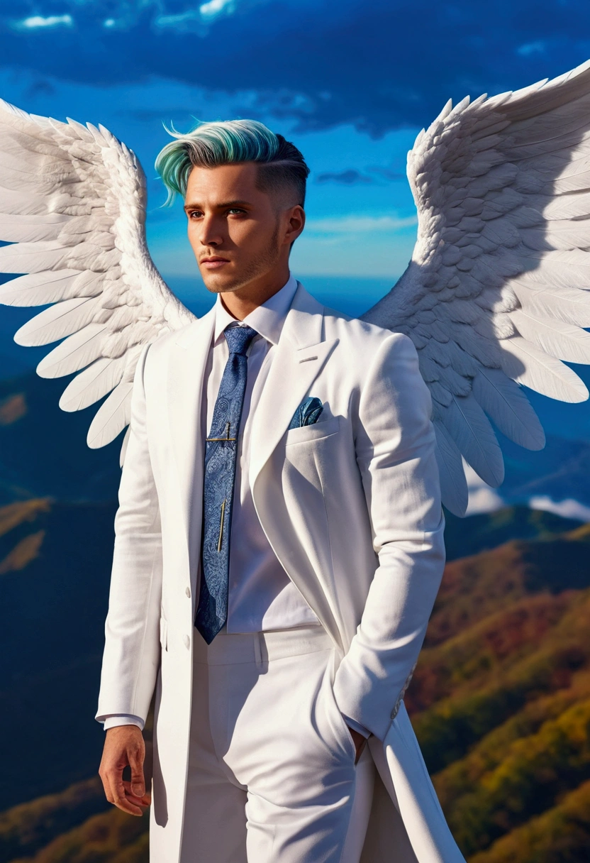 Close up Spiritual Angel male, 30 years old, black & white colorful hair, beautiful blue eyes, wearing white suit white overcoat and white men's dress shoe, white huge wings, on top of mountains, colorful clouds., asymmetrical hair, anime, god rays, cinematic lighting, Hyperrealism, Fujicolor, UHD, anatomically correct, accurate, high details
