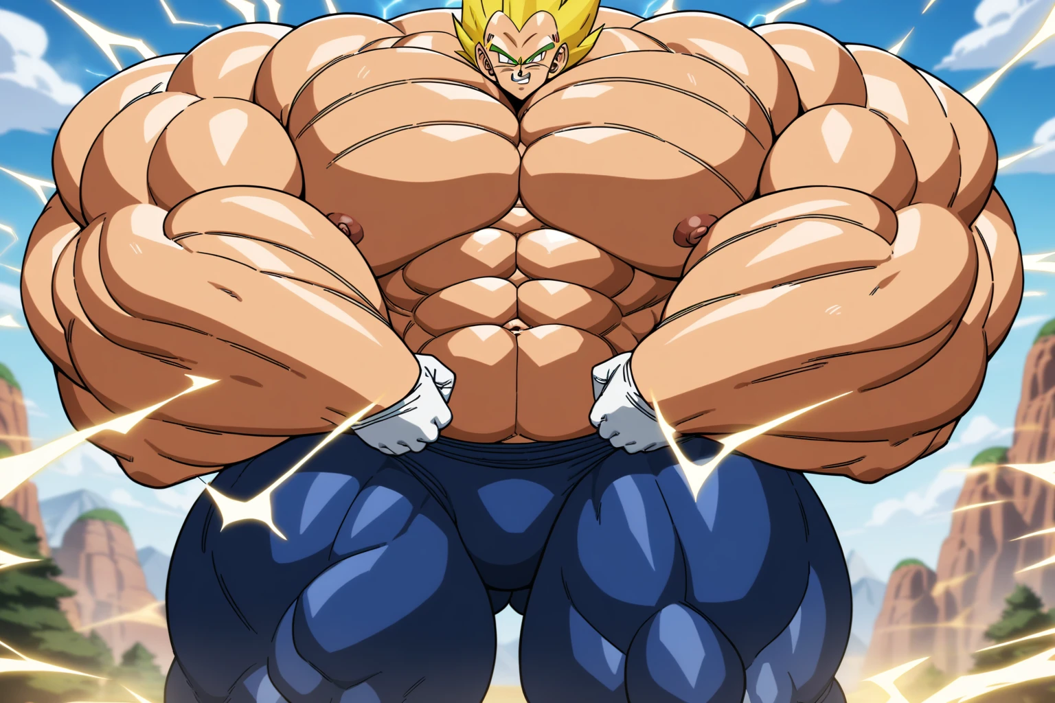 1boy, Vegeta, from Dragon Ball Z, masterpiece, best quality, very aesthetic, absurdres, saiyan, green eyes, spiked hair, (yellow hair:1.5), shirtless, blue skintight pants, white gloves, (huge muscles:2.5), (huge round biceps:2), dragonballartstyle, in the style of Akira Toriyama, white tiled floor, outdoors, flat-top mountains, nipples, yellow aura, electricity, white gloves, fists squeezed