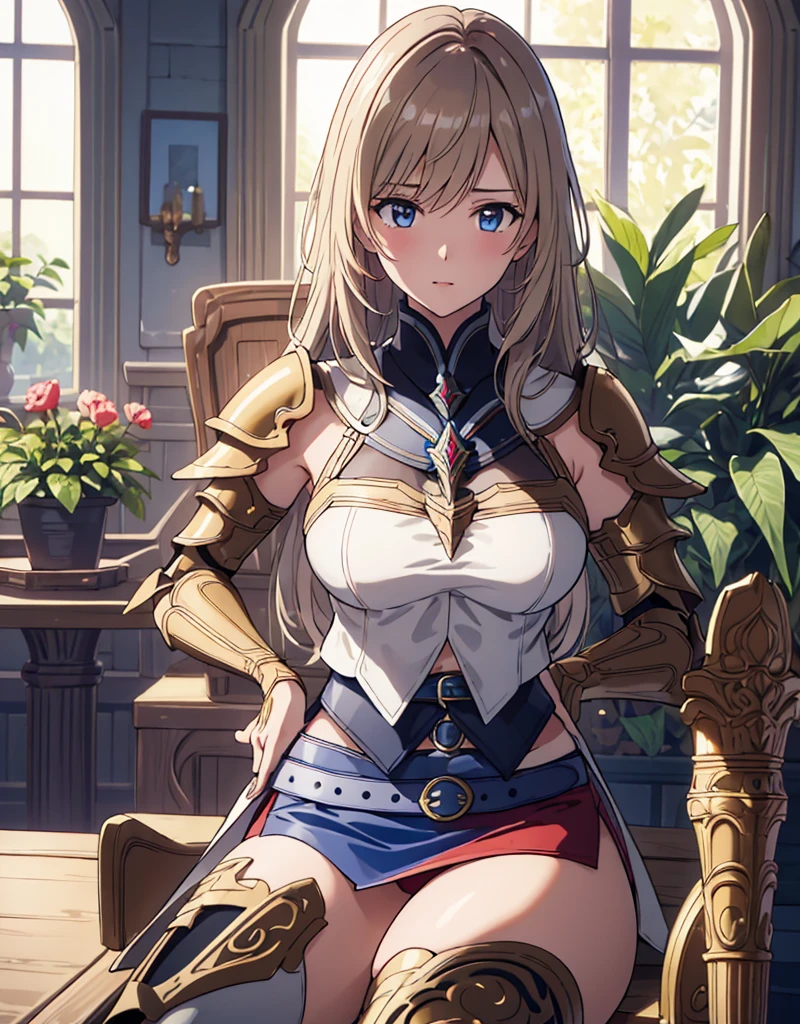 Browsing Caution, Movie Scenes, Fantasy art, Best image quality, Surreal Portraits,(8k),Ultra-realistic,最high quality ,high quality, High resolution, high qualityの質感,Attention to detail, beautiful, detailed, Extremely detailed CG,detailedなテクスチャ,Realistic facial expressions, masterpiece, in front,dynamic,bold,1 girl, Yuki Mori:1.51 women, Age 25, Light brown hair, Long Hair, Up Bang Hair, Floating Hair, Highly detailed skin,curve,,beautiful胸,Mid-chest, Pale skin, Pointed Chest, Nipples,),{最high quality}, {とてもbeautiful}, {Super detailed}, {最高のAn illustration}, masterpiece,{{{{{Skirt Lift:1.5}}}}},{{{{{Showing off her blue panties:1.9}}}}},garter belt:1.2,((Holy Knight)), Smooth breastplate, ((Platinum Armor))、((((Extremely detailed and intricately decorated armor:1.1)))),Red Cowboy Shot,smooth udder、big 、(Golden Ratio,Tabletop, 最high quality, 最high quality, Official Art, beautifully、beautiful:1.2), Very detailed, colorful,最高のdetailed,An illustration, Great scene, Asheria Costume:1.5, Asheria Costume:1.5, mini skirt,Knee socks, Thighs, gem, Blue Belt,Belt number 1),Course of action, A look of contempt ,From below,Sitting:1.9,Spread your legs:1.9, 