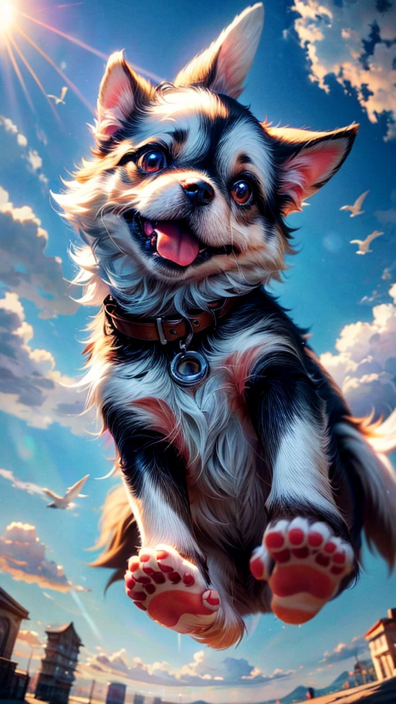 a cute puppy flying in the sky,1 dog,extremely detailed fur,adorable puppy,cute dog,beautiful detailed eyes,beautiful detailed nose,beautiful detailed mouth,fluffy,soft,playful,happy expression,dynamic movement,blue sky,clouds,sunlight,warm color tone,cinematic lighting,photorealistic,8k,detailed description,masterpiece,digital art