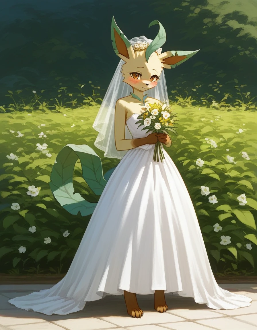 alone, score_9,score_8_up,score_7_up, an anthro furry female leafeon girl, full body, wearing wedding dress, holding flowers, blushing, garden background.