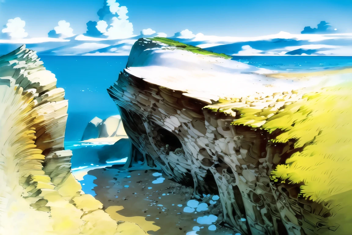 masterpiece, ultra-detailed, best quality, illustration, 8k cg wallpaper, an extremely delicate and beautiful, stunning landscape,  intricately detailed items in background,Birch sea with white foam, shore, beach, cliff on the right side