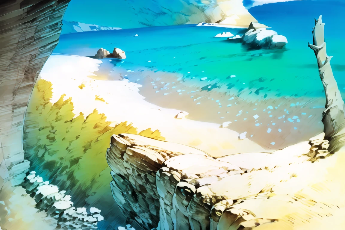 masterpiece, ultra-detailed, best quality, illustration, 8k cg wallpaper, an extremely delicate and beautiful, stunning landscape,  intricately detailed items in background,Birch sea with white foam, shore, beach, cliff on the right side