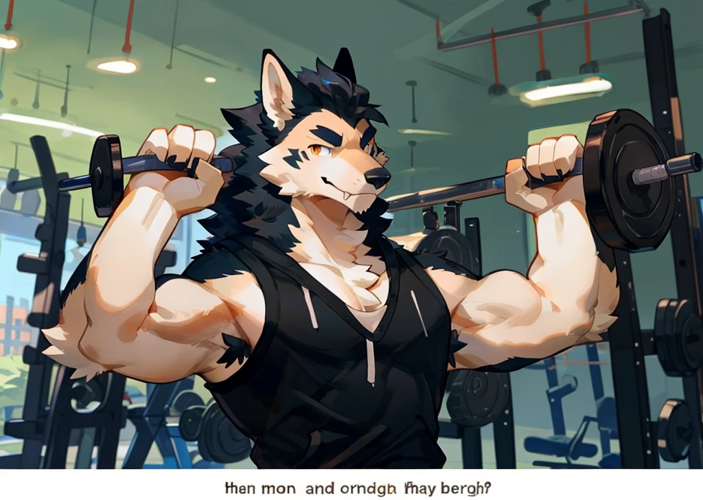 By bigcozyorca, by bebebebebe, by buta99, solo, teenager, young and attractive, male, slim, provocative pose, (hair, snout), pitch black wolf, ((muscular, tall)), flexing, biceps, tight tank top, armpit hair, cleavage, smirking, fangs, standing, black fur, black body, gym background, arrogant, flexing muscles, showing off, showing off strong arms, flexing strong arm, lifting weights.
