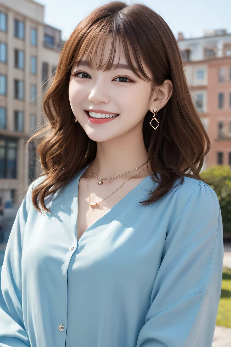 Highest quality, ,smile、Beautiful teeth alignment、Light brown hair、Wavy Hair、Long sleeve blouse、ear piercing、necklace, , Face Focus、The background is the building&#39;s corridor.