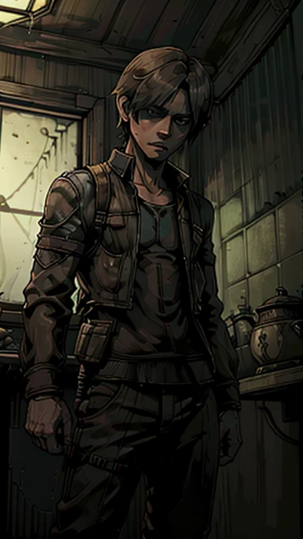 best quality,masterpiece,1man,solo,(((20years old))),japanese man,an extremely cute and handsome boy,highly detailed beautiful face and eyes,petit,cute face,lovely face,baby face,shy smile,show teeth, Brown hair,Short hair,flat chest,skinny,slender,(((wearing a RE6Leon costume))),(((standing in reelunsettling dark indoors room))),he is looking at the viewer, StopMotion