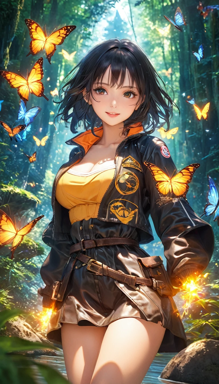 Highest quality, Highest quality, 16K, software, Unbelievably absurd, Very detailed, delicate and dynamic, Natural light, The particles reflect light beautifully, Diffuse reflection of light, Vortex of Light, Dense forest, Dense forestに隠された美しい遺跡, Colorful butterflies fluttering, Wildlife, fire Fly, 隠されたtreasure, get lost, skeleton, Create amazing image effects, Body close-up, pyramid, (Cute sexy girl, Firm and bouncy bust, Sensual expression, Passionate,Severe, boost mood, Adventurer, River Jacket, Adventurerの装備, Adventurerの服装, Leather boots, treasure)