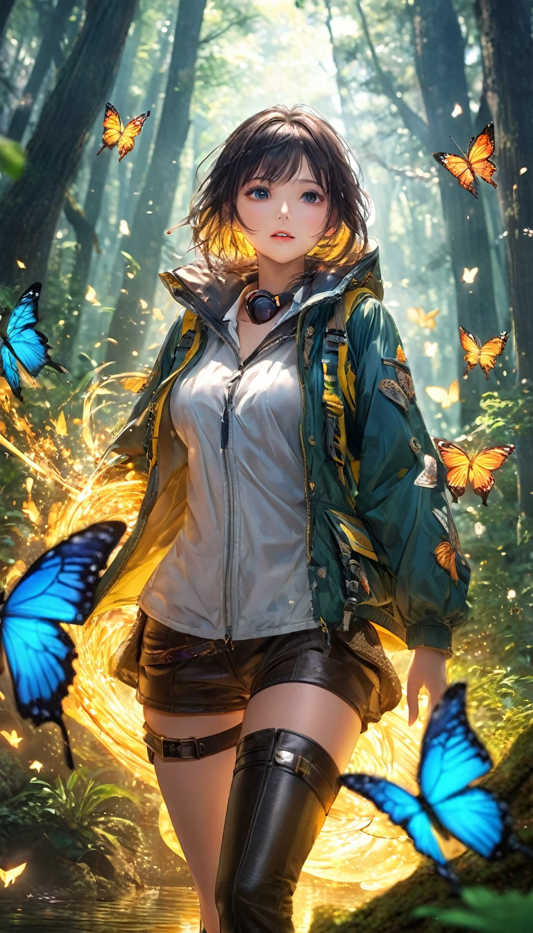 Highest quality, Highest quality, 16K, software, Unbelievably absurd, Very detailed, delicate and dynamic, Natural light, The particles reflect light beautifully, Diffuse reflection of light, Vortex of Light, Dense forest, Dense forestに隠された美しい遺跡, Colorful butterflies fluttering, Wildlife, fire Fly, 隠されたtreasure, get lost, skeleton, Create amazing image effects, Body close-up, pyramid, (Cute sexy girl, Firm and bouncy bust, Sensual expression, Passionate,Severe, boost mood, Adventurer, River Jacket, Adventurerの装備, Adventurerの服装, Leather boots, treasure)