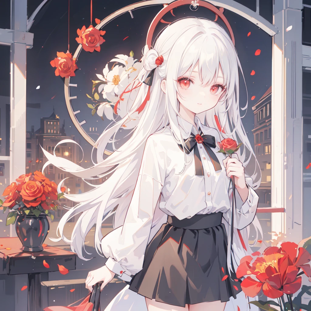 (best quality, masterpiece), (1 Girl, Solitary, Black skirt, permanent , Looking at the audience, White hair, Red Eyes, Holding a rose, Shut up, Upper Body), (There is a red dream catcher behind, safflower, )