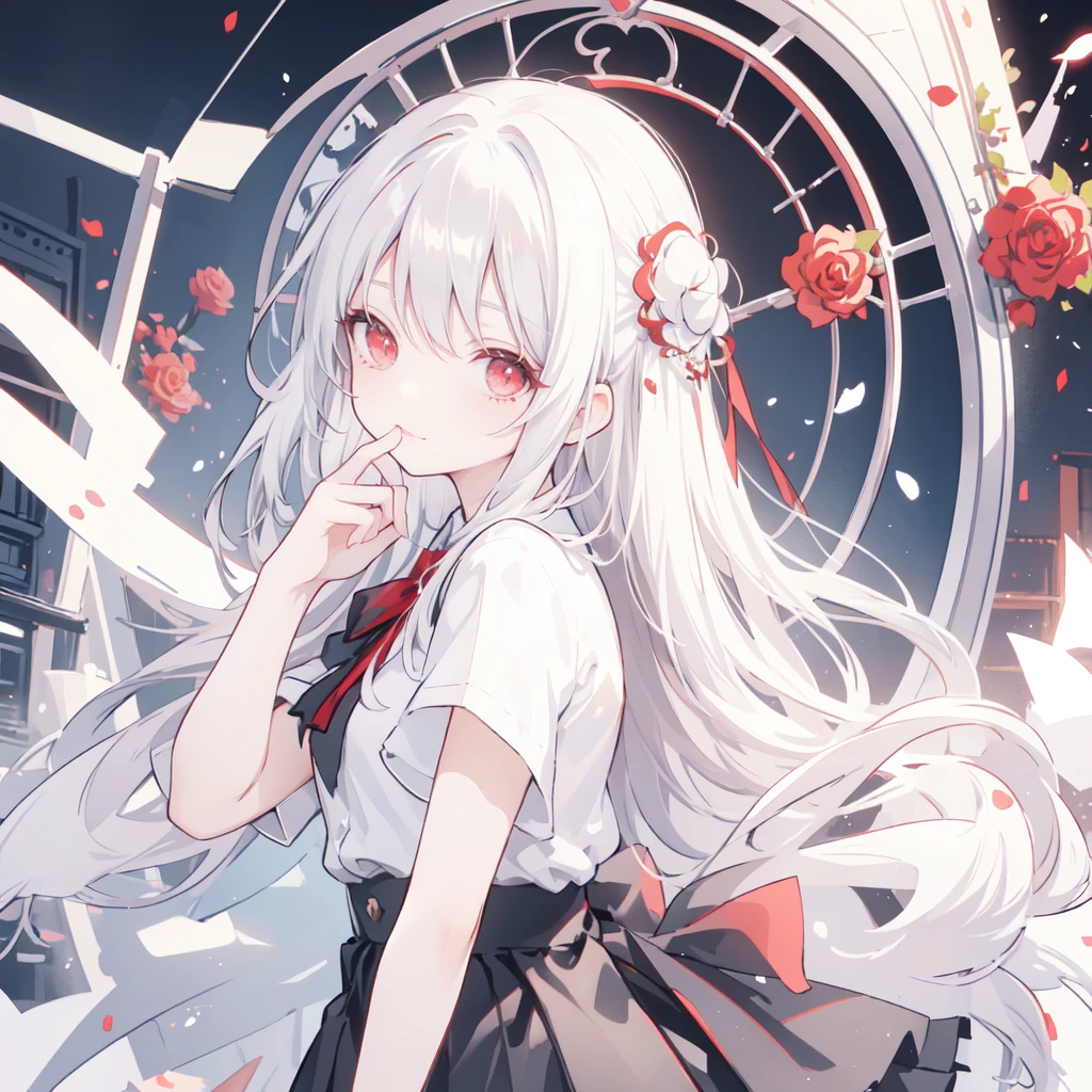 (best quality, masterpiece), (1 Girl, Solitary, Black skirt, permanent , Looking at the audience, White hair, Red Eyes, Holding a rose, Shut up, Upper Body), (There is a red dream catcher behind, safflower, )