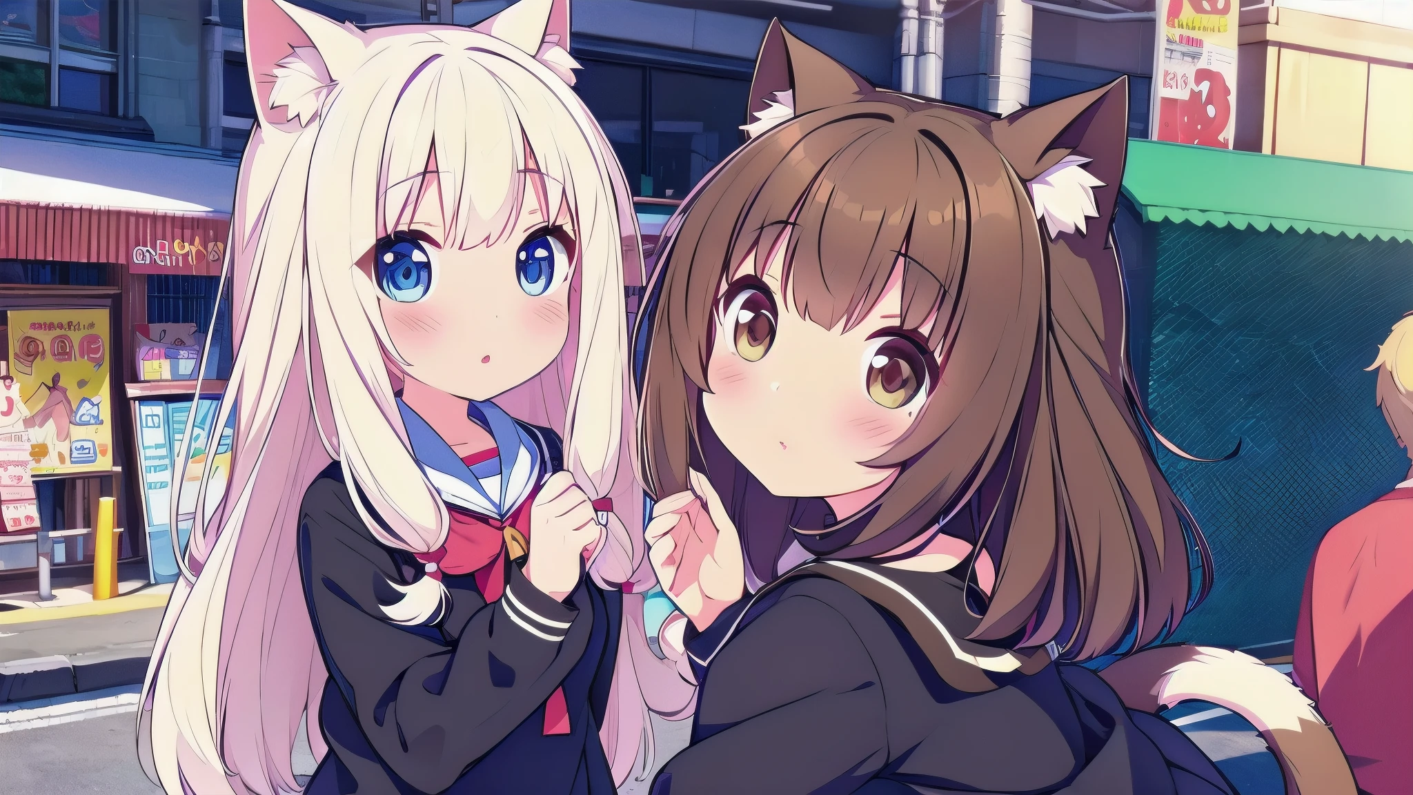 cat girl bear girl cute excellent quality on Akihabara street in brown hair brown eyes white hair blue eyes