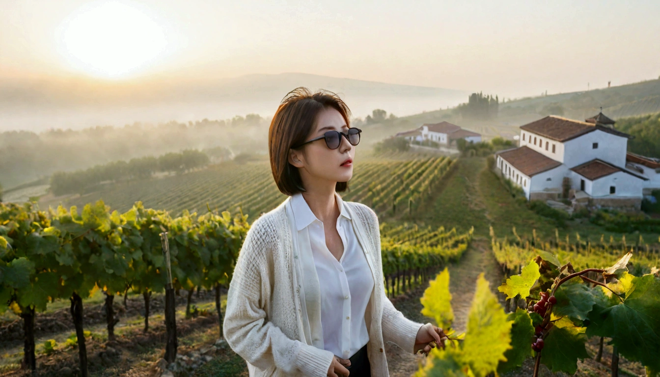 8k, 36 year old Korean woman, pretty like a model, Short hair, White shirt and short cardigan, early morning fog before sunrise, path, vineyard, monastery, italian countryside village, Vivid picture quality, Realistic perfect picture quality, dawn fog, Wide angle lens shot from afar, black horn rimmed sunglasses