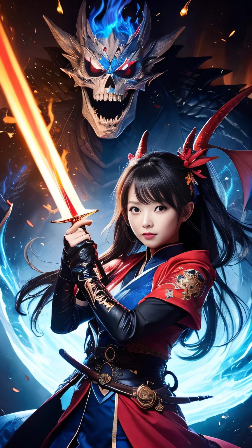 Girl, He is holding a sword decorated with the Japanese symbol of life., Blue flames coming out of the decoration, A dragon came out of it、A blue wind blows with a skull ghost, Perfect Judy with a face and scythe，The woman is wearing the proper red ninja outfit., The woman&#39;s hair is black, The woman is the incarnation of a vampire., Dragon on background，Hide Your Eyes(The background of the CG 8k module is very detailed) (Highest quality), (Best illustrations), (Best shade), Very detailed t--v6