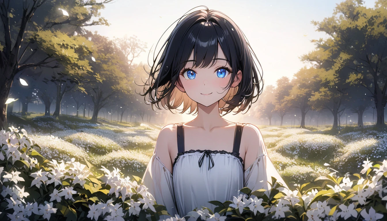 one Beautiful girl, solo, gentle smile on her face flat chest, short hair, black hair, blue eyes, (detailed eyes),Sunny day landscape images, Only landscapes with white flowers, Flower Field, unmanned, There are no animals, Lively, As if blown by the wind々Various kinds of flowers, , Soft lighting, Light background, ndividuality, Beautiful colors, Japanese lilac trees