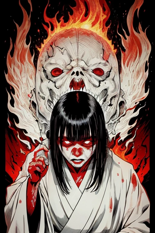 Japanese horror, curse, eerie, fear
White kimono, ghosts, vengeful spirits, fire, blood
Faces not visible
Illustration.