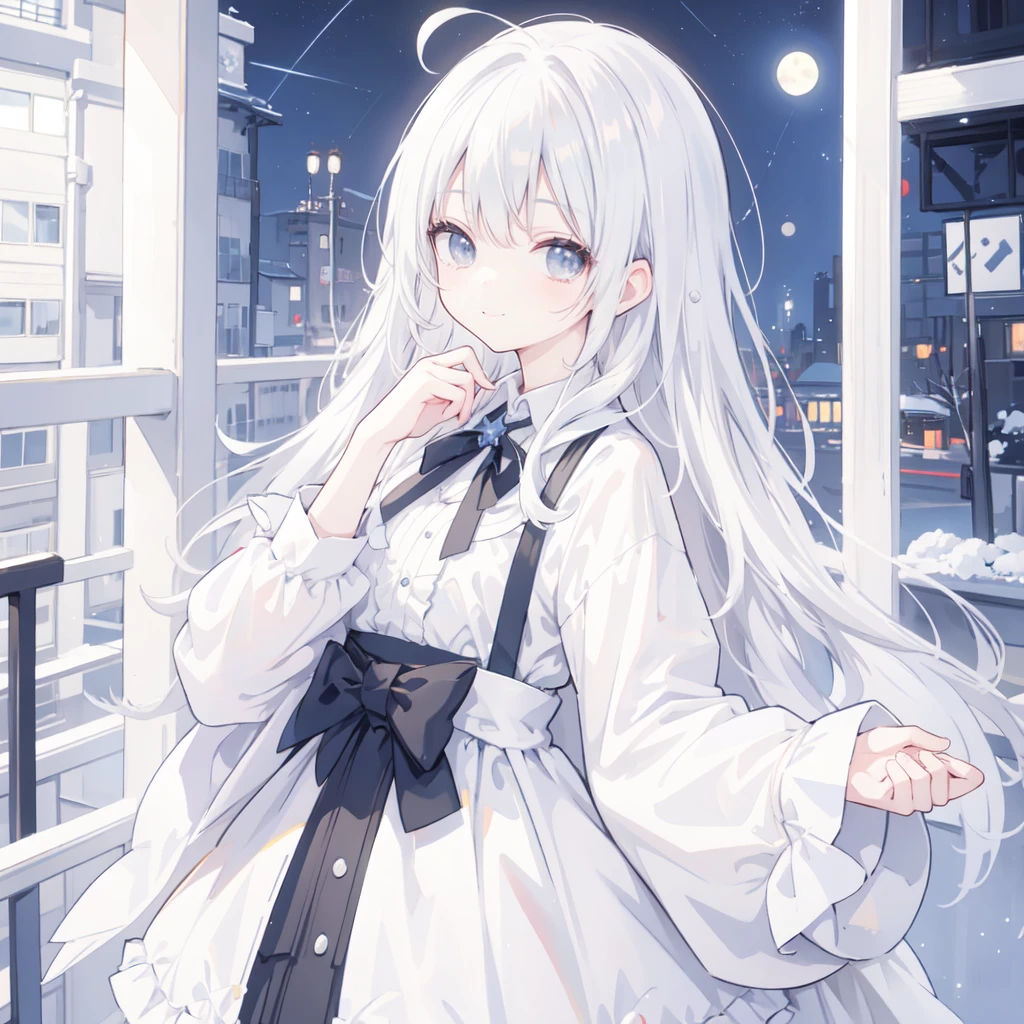 The background is a city, perfect White hair girl, Lolita in a skirt, White hair, White hair god, Cute anime girl in beautiful clothes, Gray Hair, Best Anime 4K Konachan Wallpapers, Little curvy loli, pixiv artstation 上的 guvez, White hair girl, Night Core, Standing on a tree, Looking at the stars, The face is rich in detail