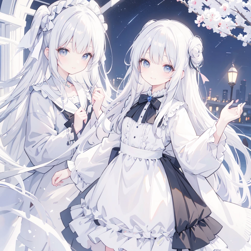 The background is a city, perfect White hair girl, ta in a skirt, White hair, White hair god, Cute anime girl in beautiful clothes, Gray Hair, Best Anime 4K Konachan Wallpapers, Little curvy lolixiv artstation 上的 guvez, White hair girl, Night Core, Standing on a tree, Looking at the stars, The face is rich in detail