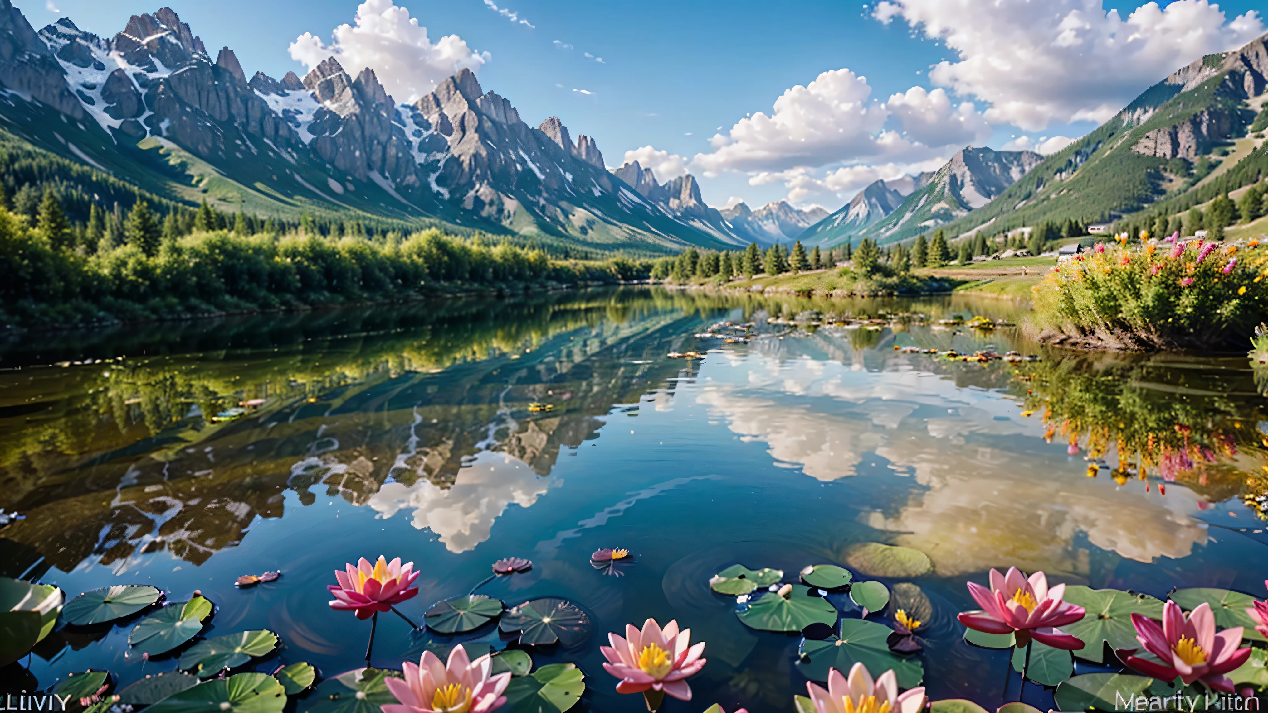 (create ultra-high definition, hyperrealisti, highy detailed, top quality picture, sharp focus, professional lighting, bright coloured, warm tones and intricate details, representing in detail a beautiful valley on a sunny day, with high mountain lake in the background, water lilies and crystal clear waters reflecting the clouds in the sky, floral flowers colorful, Lively atmosphere and laid-back attitude, meticulously capturing every intricate detail),