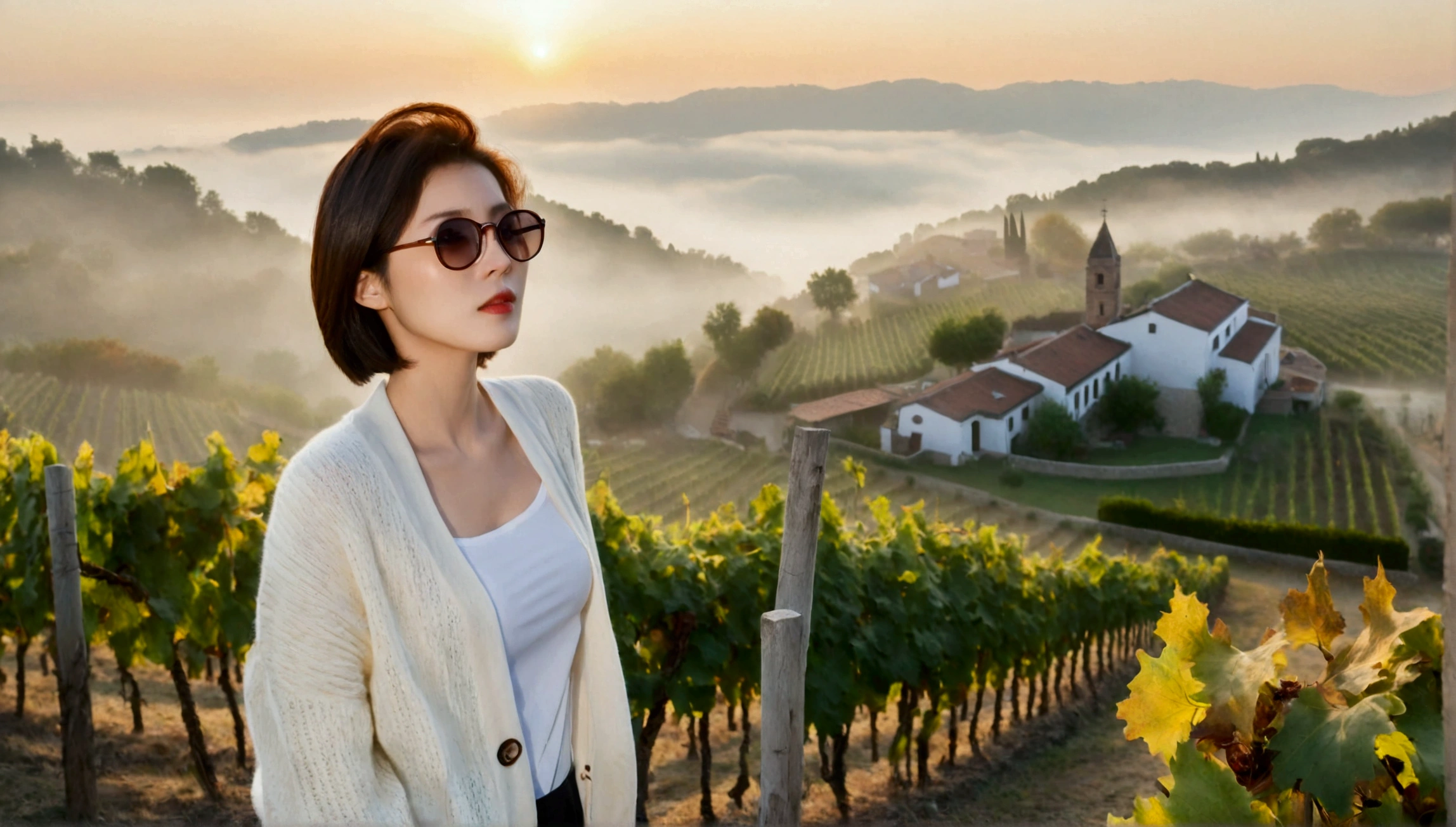 8k, 36 year old Korean woman, pretty like a model, Short hair, White shirt and short cardigan, early morning fog before sunrise, path, vineyard, monastery, italian countryside village, Vivid picture quality, Realistic perfect picture quality, dawn fog, Wide angle lens shot from afar, black horn rimmed sunglasses