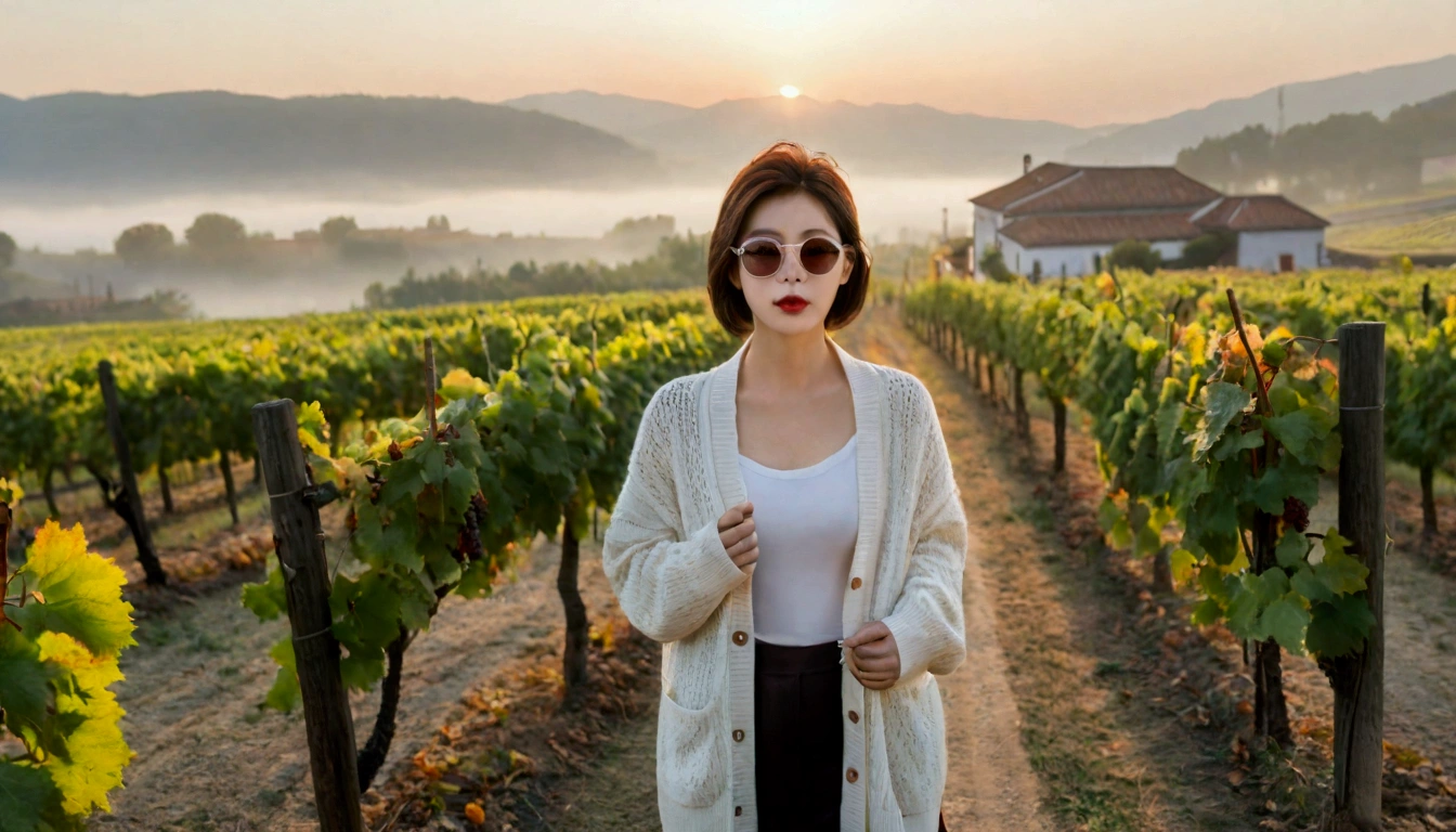 8k, 36 year old Korean woman, pretty like a model, Short hair, White shirt and short cardigan, early morning fog before sunrise, path, vineyard, monastery, italian countryside village, Vivid picture quality, Realistic perfect picture quality, dawn fog, Wide angle lens shot from afar, black horn rimmed sunglasses