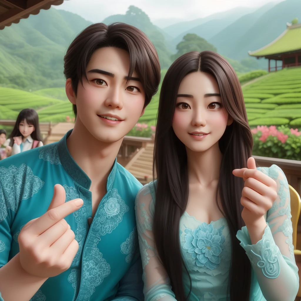 they are posing for a picture in front of a tea plantation, jin shan and ross tran, ruan jia and brom, ruan jia and fenghua zhong, lovely couple, ruan jia and artgerm, duy beni serial, handsome face and beautiful face, ruan jia beautiful!, 8k)), couple pose, asian features, #oc