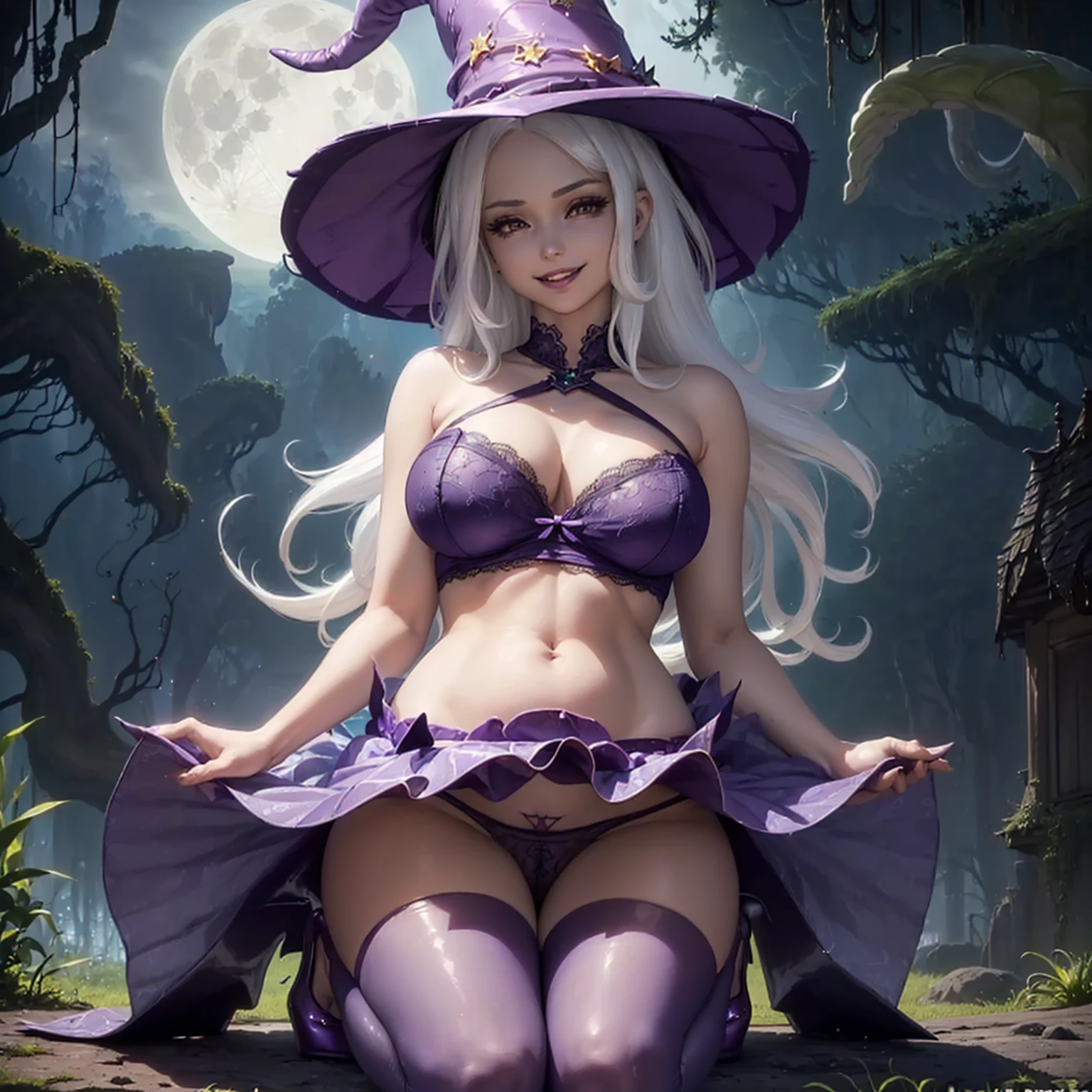 (((beautiful female body))),(((trixie as a sweet charming hot seductive horny model))), (((very long blue white hair))) ,(((night with big moon))),(((stand next to valley hands behind head)))), (((surround by dozens of slime tentacles 2.0))),(((jungle in background))),(((lewd and erotic posing))), (((happy wicked smile))) ,(((wear light purple sheer lace transparent see through very short bra))) , (((((upskirt view))))) , (((witch hat))),breasts are visible , (((wear high heels))) , (((full body))),golden bracelets , (((perfect breasts))) , lush breasts , Bulky Breasts , voluminous breasts ,(((peeping the viewer))),(((bare belly))),(((side close upskirt view))),(((sharp focus)))