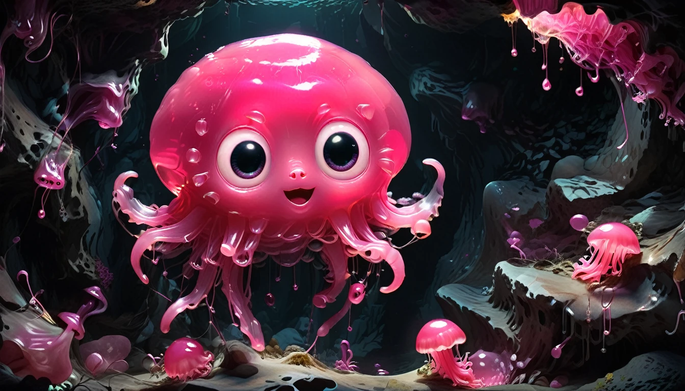A stunning 3D scene,in a dark cave,There is a cute pink jelly creature,It floats in the air,It has big, bright eyes,It has an innocent and curious expression,The body emits a soft pink glow