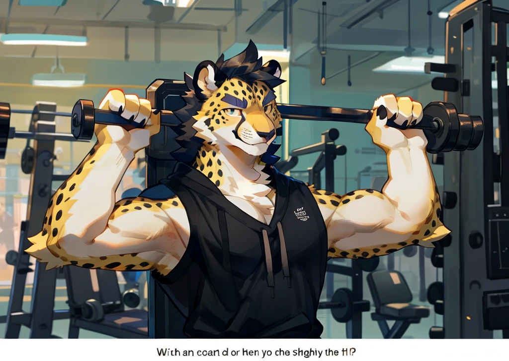 By bigcozyorca, by bebebebebe, by buta99, furry, young, teenager, big, strong and attractive, males, provocative poses, (hair, snout), cheetah, ((muscular, tall)) black tank top, smirking, yellow fur, yellow body, atlethic, showing off big muscles arrogant smile, strong arms, flexing muscles, gym background, lifting weights.