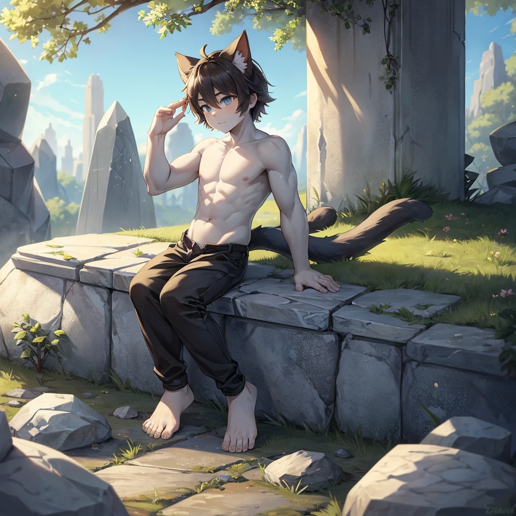 Little male cat，There are ears，boy，There is a tail，cute，Everlasting，Stone，Gray slime，Feet turned to stone，Hands turned to stone，Stones spread feet，Stone feet，Stone Hand，Feet petrified，charming，boy，Petrified feet，Wearing tights，Full body portrait，smooth，outdoor，Small pants，No clothes，stone man，The stones gradually spread on the body，stone man