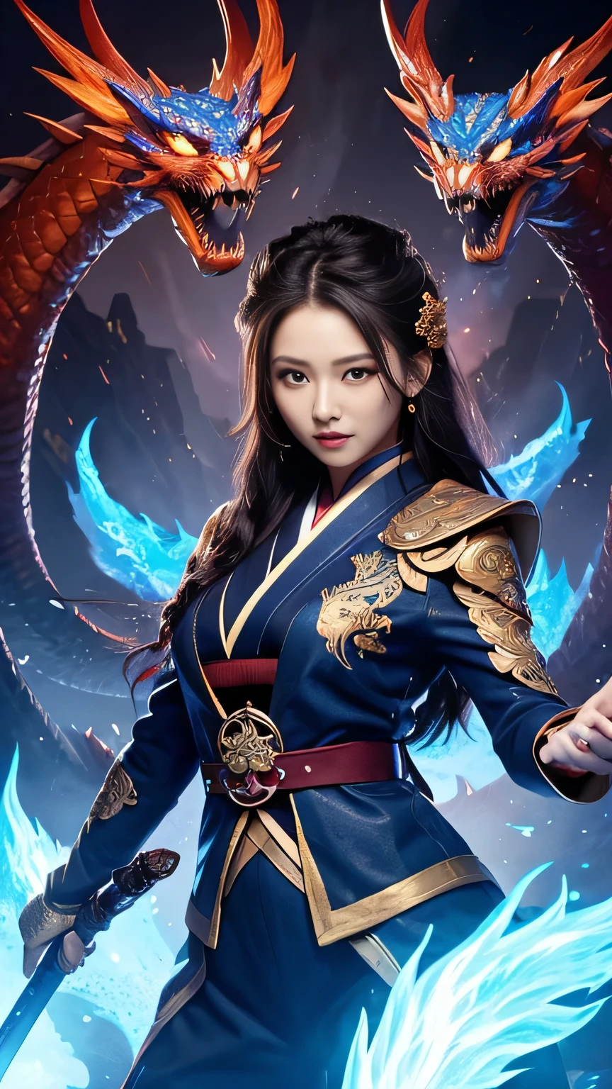 Girl, He is holding a sword decorated with the Japanese symbol of life., Blue flames coming out of the decoration, A dragon came out of it、A blue wind blows with a skull ghost, Perfect Judy with a face and scythe，The woman is wearing the proper red ninja outfit., The woman&#39;s hair is black, The woman is the incarnation of a vampire., Dragon on background，Hide Your Eyes(The background of the CG 8k module is very detailed) (Highest quality), (Best illustrations), (Best shade), Very detailed t--v6