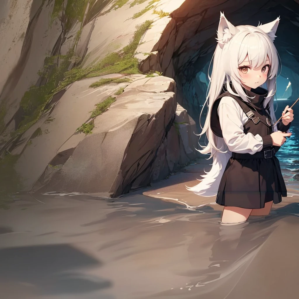 Cave without water, 7 year old half wolf girl, cola, white fur and ears.