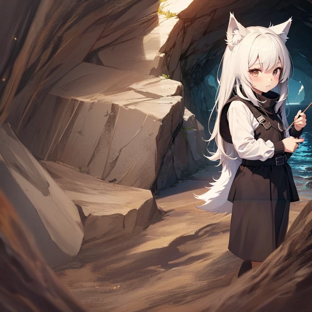 Cave without water, 7 year old half wolf girl, cola, white fur and ears.
